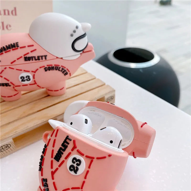 Pink pig silicone clamshell earphone case for AirPods 1, 2 and Pro 3 with hook