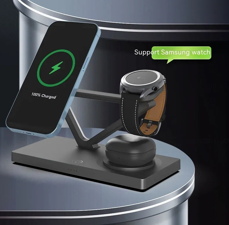 White five-in-one wireless charging night lamp with magnetic phone bracket and circular base.