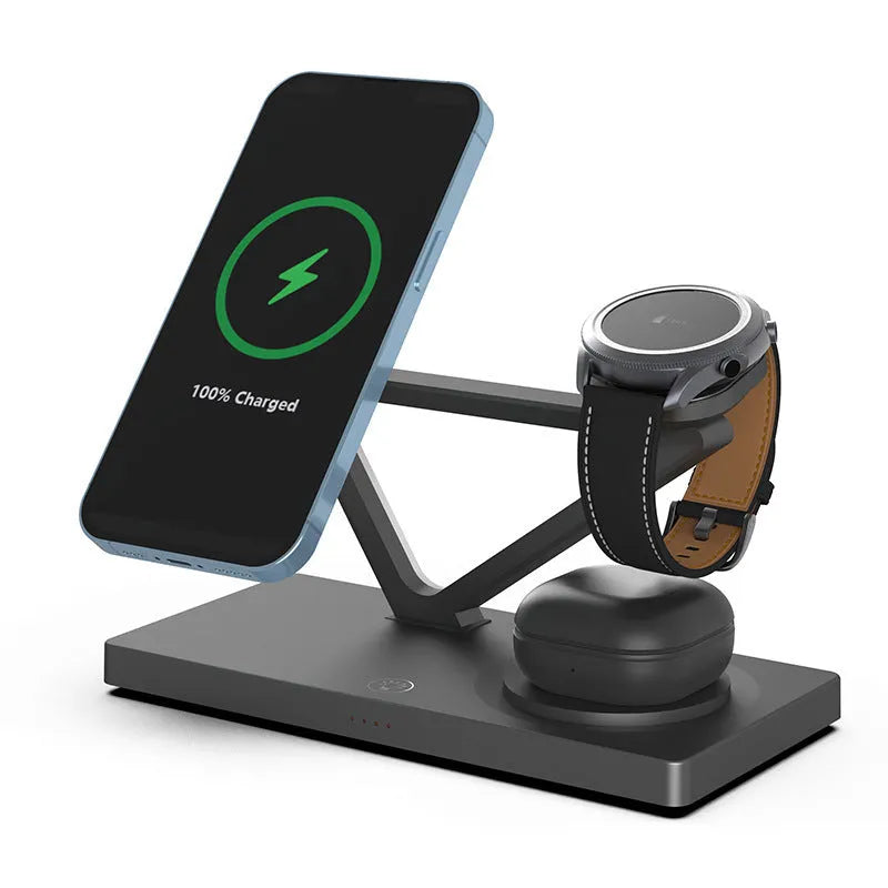 White five-in-one wireless charging night lamp with magnetic phone bracket and circular base.