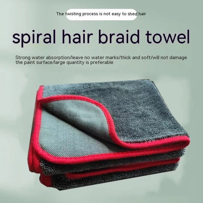 Grey car wash towel with black hemmed edge shown in multiple size options for vehicle cleaning