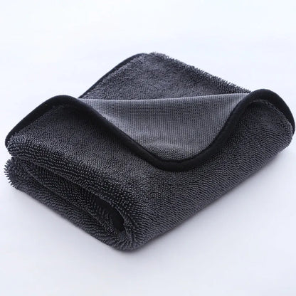 Grey car wash towel with black hemmed edge shown in multiple size options for vehicle cleaning