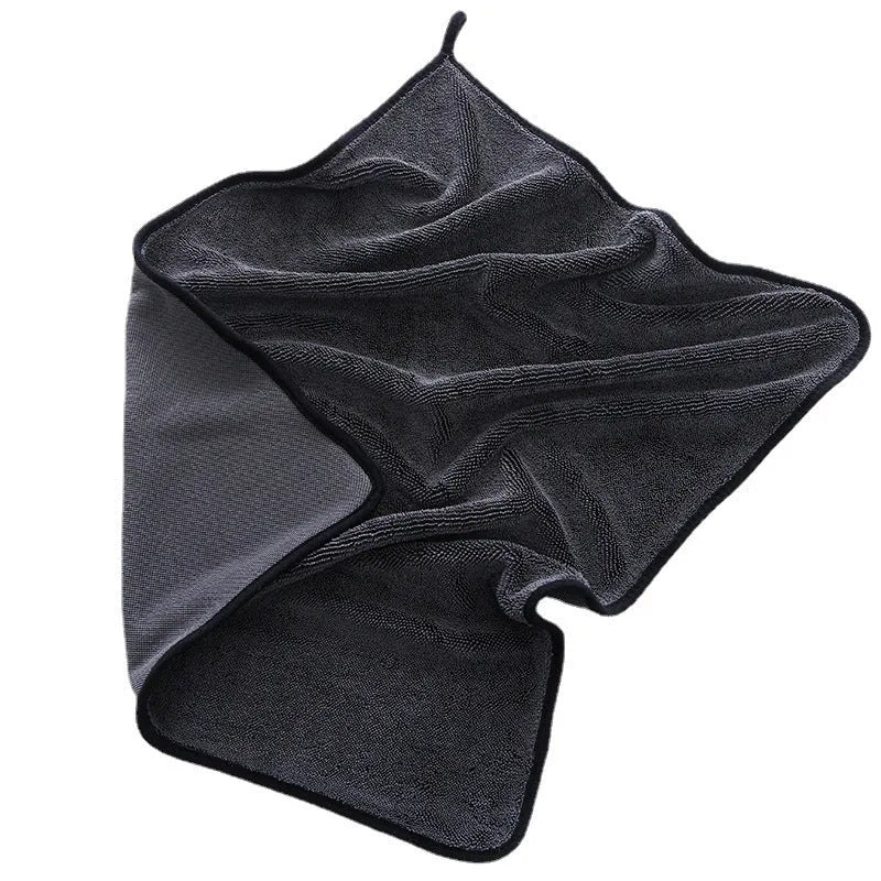 Grey car wash towel with black hemmed edge shown in multiple size options for vehicle cleaning
