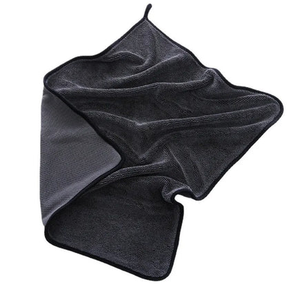 Grey car wash towel with black hemmed edge shown in multiple size options for vehicle cleaning