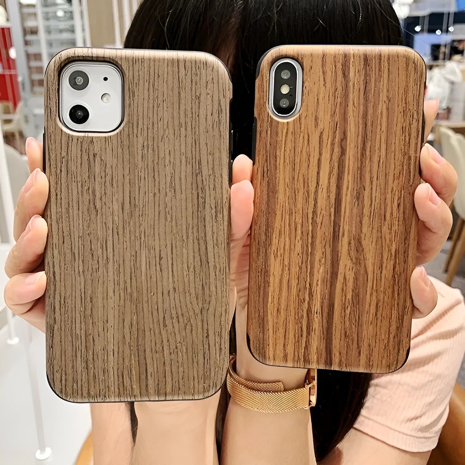 Slim natural wood iPhone case in teak, walnut, black rose, and rosewood colours.