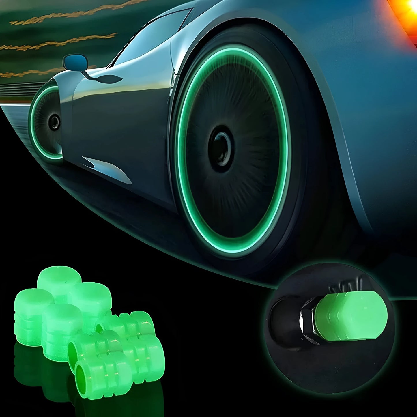 Glow-in-the-dark rubber tyre valve caps in five colour options on tyre valve stem