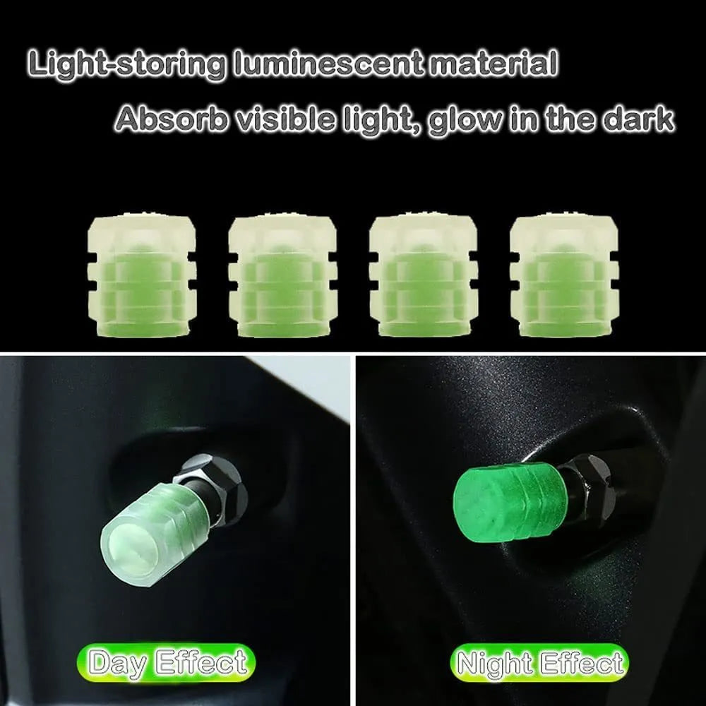 Glow-in-the-dark rubber tyre valve caps in five colour options on tyre valve stem