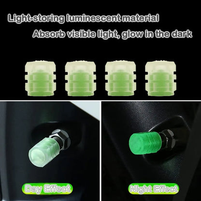 Glow-in-the-dark rubber tyre valve caps in five colour options on tyre valve stem