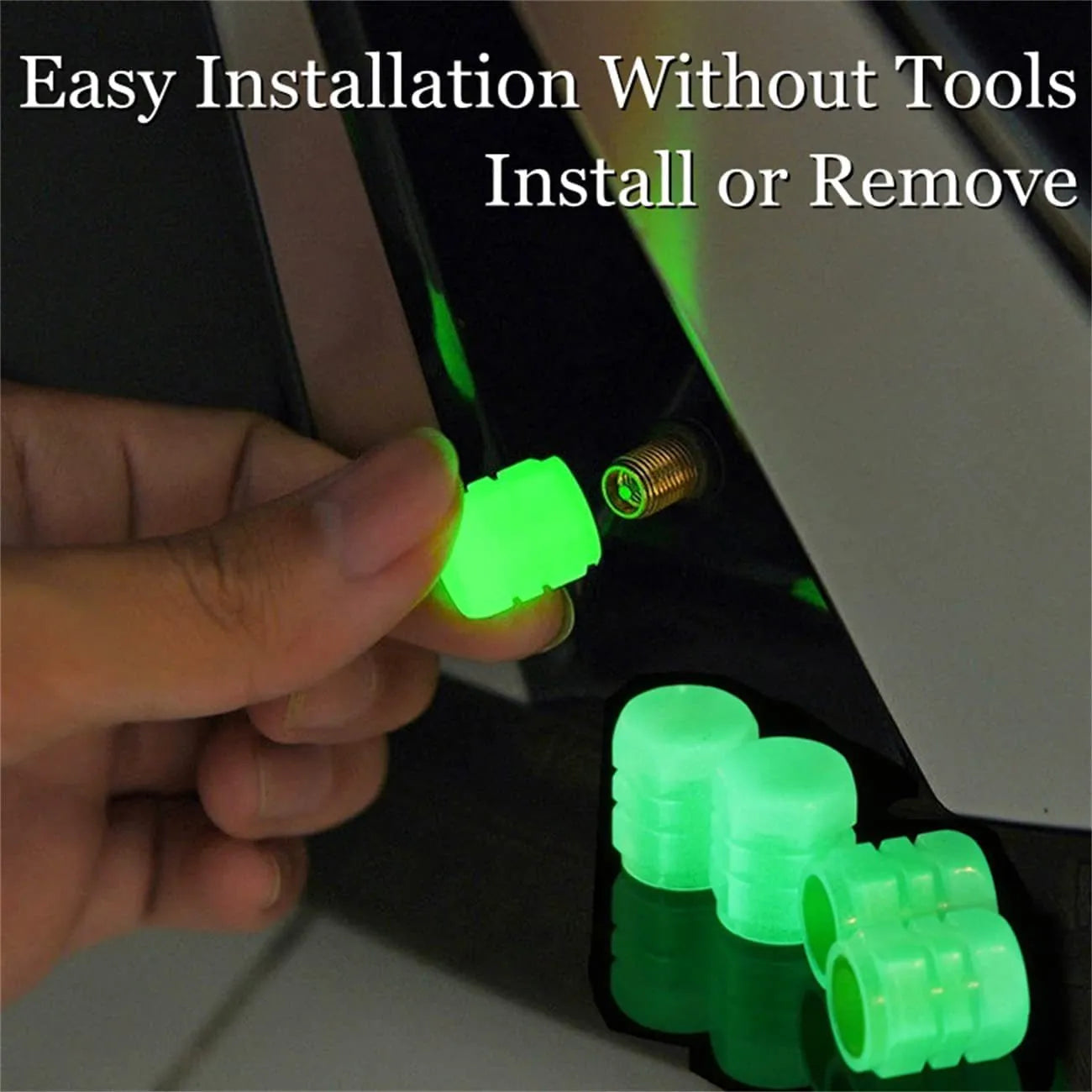 Glow-in-the-dark rubber tyre valve caps in five colour options on tyre valve stem