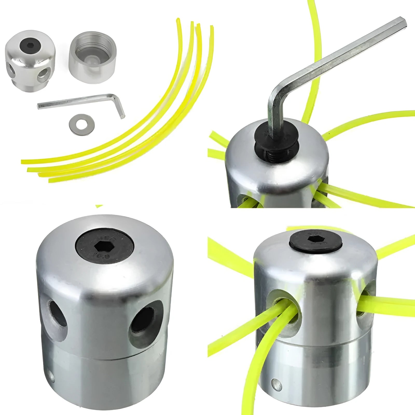 Silver aluminium Luzhu lawn mower trimmer head replacement accessory with four light yellow grass ropes and a wrench.