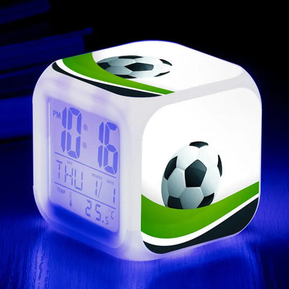 Football pattern digital alarm clock with mute function in compact square design