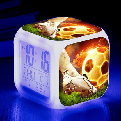 Football pattern digital alarm clock with mute function in compact square design
