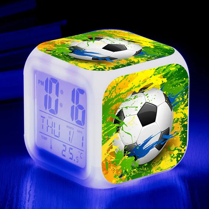 Football pattern digital alarm clock with mute function in compact square design