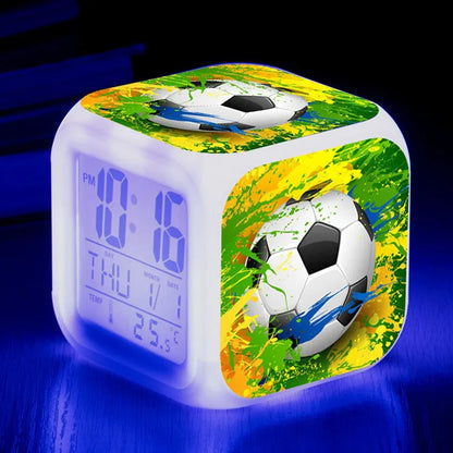 Football pattern digital alarm clock with mute function in compact square design