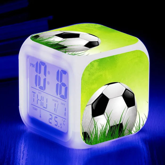 Football pattern digital alarm clock with mute function in compact square design