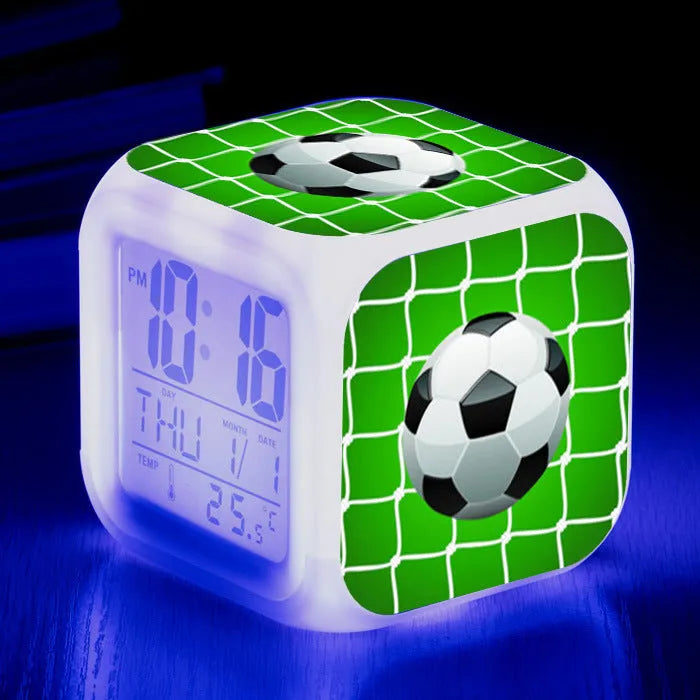 Football pattern digital alarm clock with mute function in compact square design