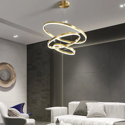 Nordic modern copper circle chandelier with three-circle design and remote control