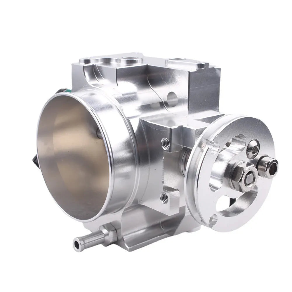 Aluminium throttle body for Honda K20A engine, shown in silver finish, approximately 70mm in diameter.