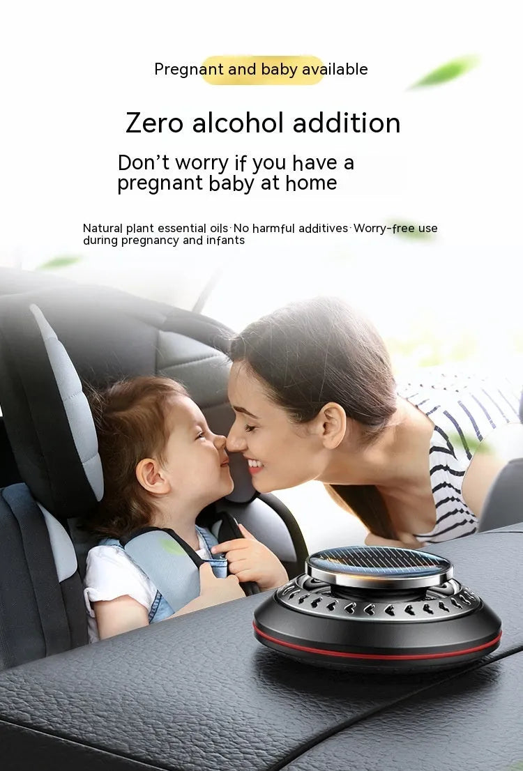 Solar-powered aluminium car air purifier with essential oil bottle and beech wood chips for odour removal.