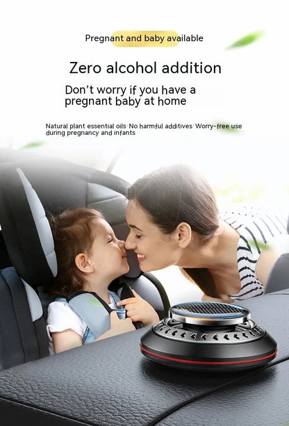 Solar-powered aluminium car air purifier with essential oil bottle and beech wood chips for odour removal.