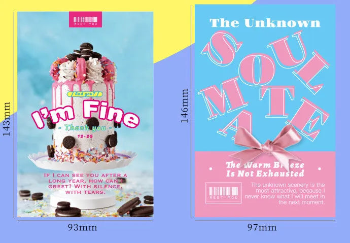 Two fresh-style greeting card designs, 'Time Not Arrived' and 'Warm Wind Not Exhausted', each 10.5cm by 14.8cm.