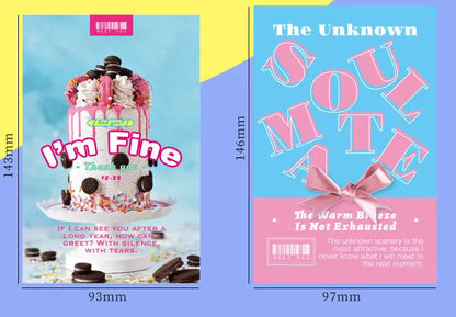 Two fresh-style greeting card designs, 'Time Not Arrived' and 'Warm Wind Not Exhausted', each 10.5cm by 14.8cm.