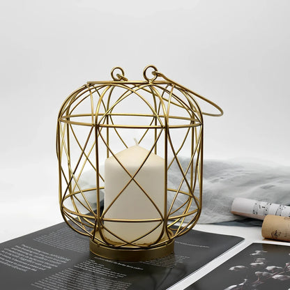 Geometric European iron candlestick with baking paint finish in gold colour, 20cm height
