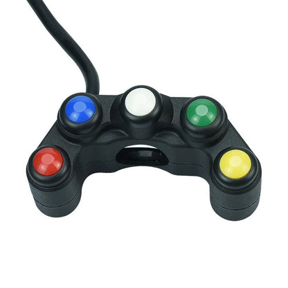 Plastic five-colour five-position vehicle function switch with red, yellow, blue, green, and white buttons and a black cable.