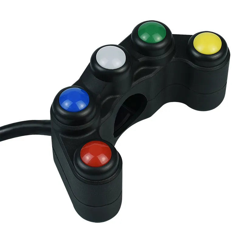 Plastic five-colour five-position vehicle function switch with red, yellow, blue, green, and white buttons and a black cable.