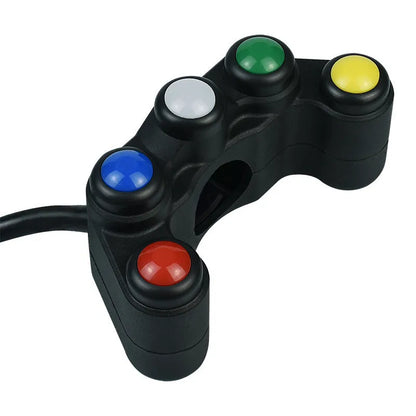 Plastic five-colour five-position vehicle function switch with red, yellow, blue, green, and white buttons and a black cable.