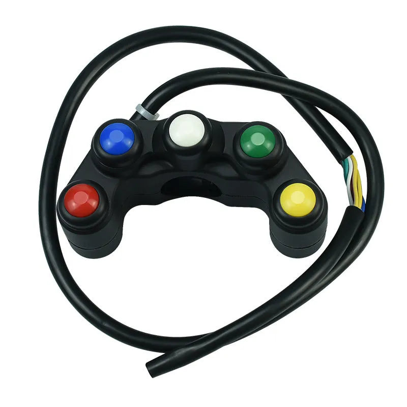Plastic five-colour five-position vehicle function switch with red, yellow, blue, green, and white buttons and a black cable.