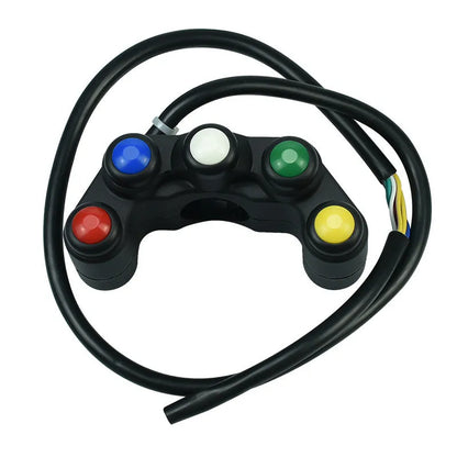 Plastic five-colour five-position vehicle function switch with red, yellow, blue, green, and white buttons and a black cable.