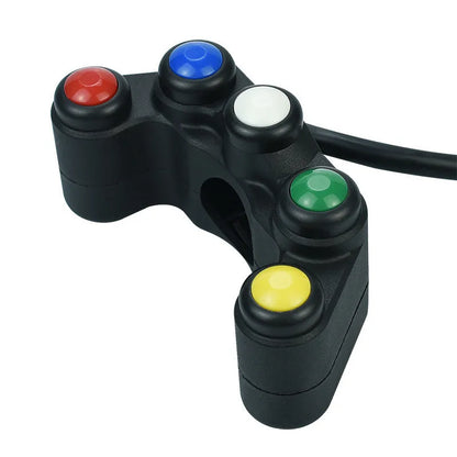 Plastic five-colour five-position vehicle function switch with red, yellow, blue, green, and white buttons and a black cable.