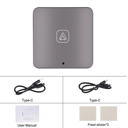 Black universal wireless CarPlay and Android Auto adapter module with connection cables.