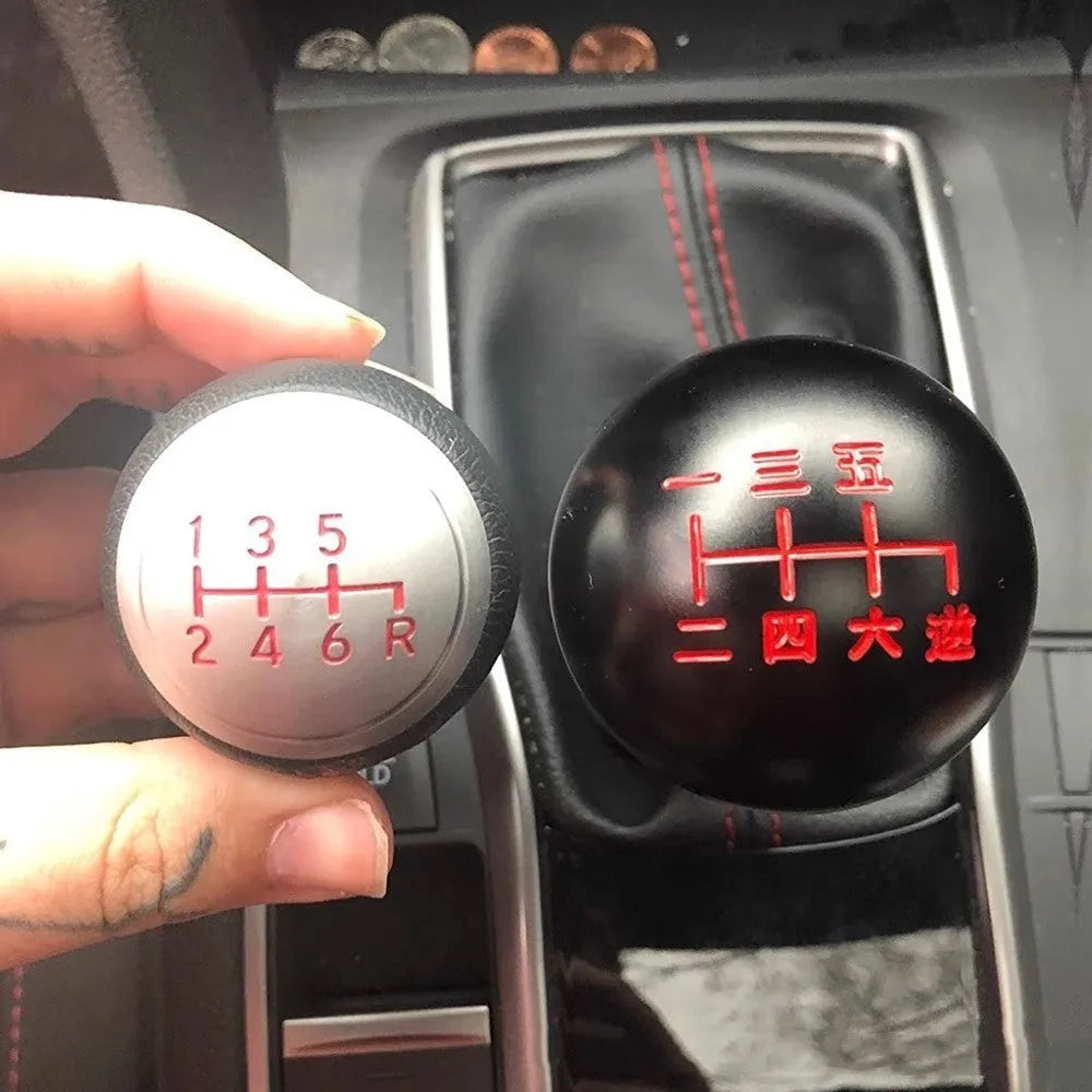 Aluminium alloy round car gear shift head shown in one of five colour options: A, B, C, D, or F style.