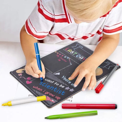 Wooden first day of school blackboard sign on a natural wood background.