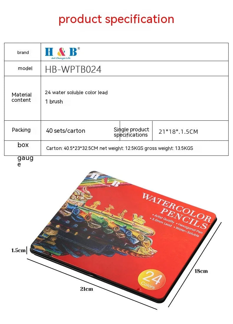 Metal tin box open to show 24 water-soluble coloured pencils with brush tips in assorted colours.