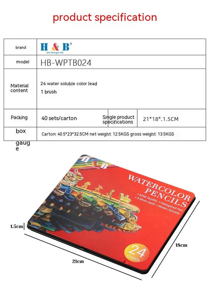 Metal tin box open to show 24 water-soluble coloured pencils with brush tips in assorted colours.