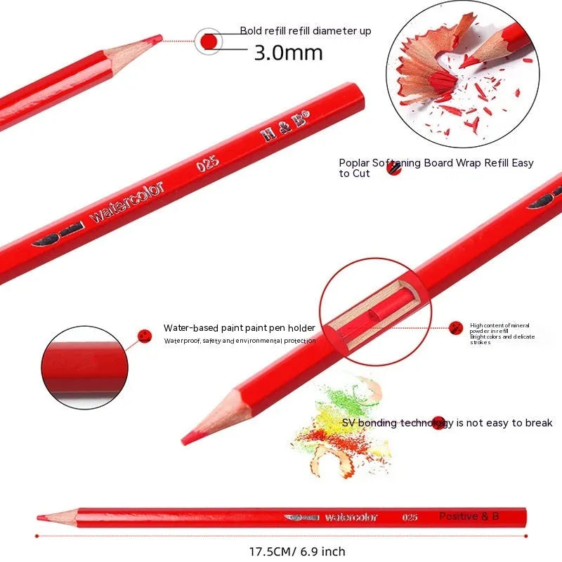 Metal tin box open to show 24 water-soluble coloured pencils with brush tips in assorted colours.