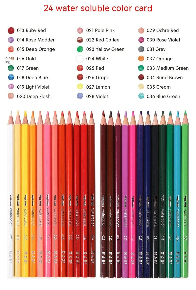 Metal tin box open to show 24 water-soluble coloured pencils with brush tips in assorted colours.