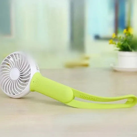 Blue coloured USB rechargeable hand-held fan with LED light, showing 200mm blades and compact size.