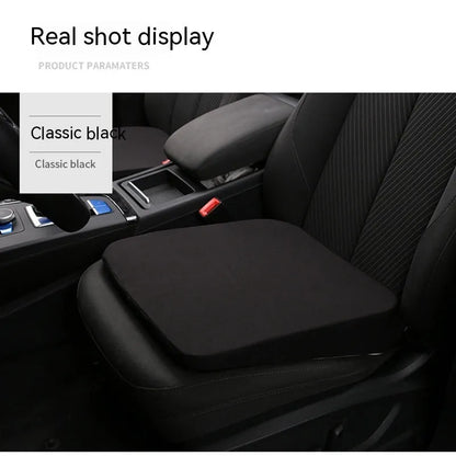 Black car seat cushion with thick butt support measuring approximately 42 x 39 x 6 cm