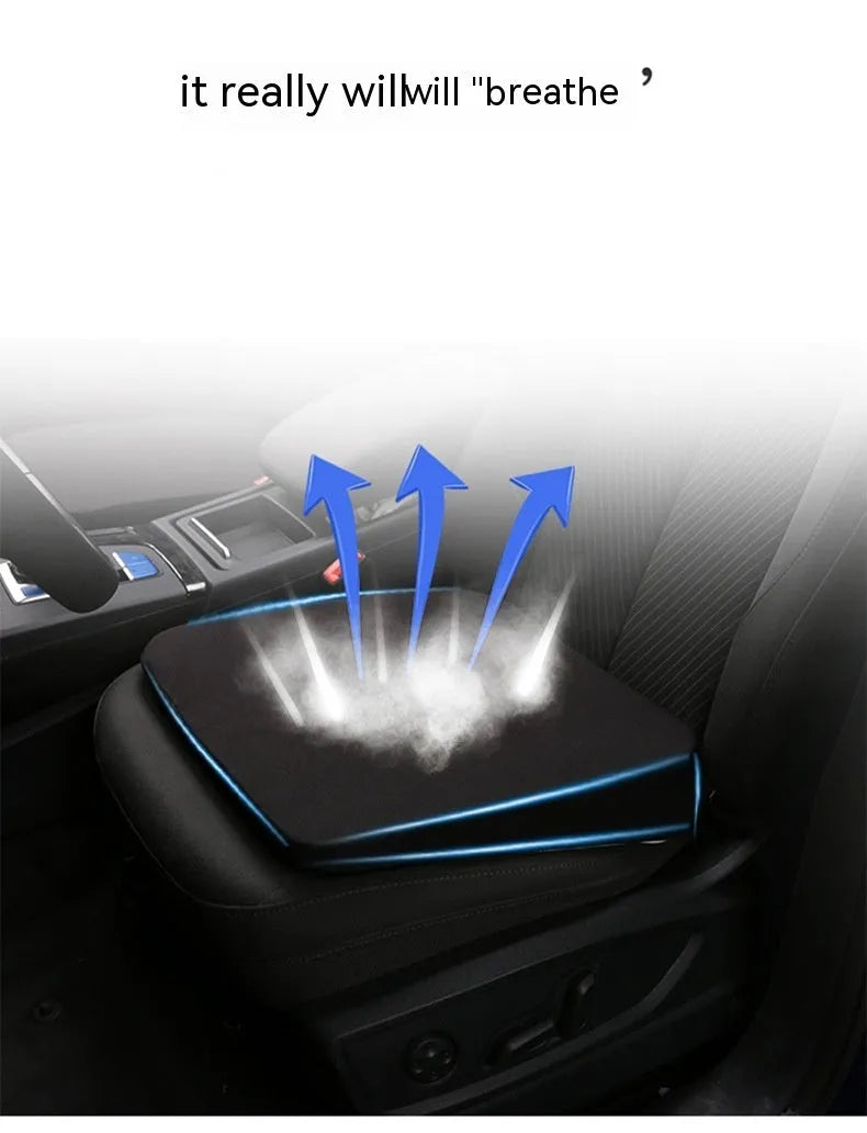 Black car seat cushion with thick butt support measuring approximately 42 x 39 x 6 cm