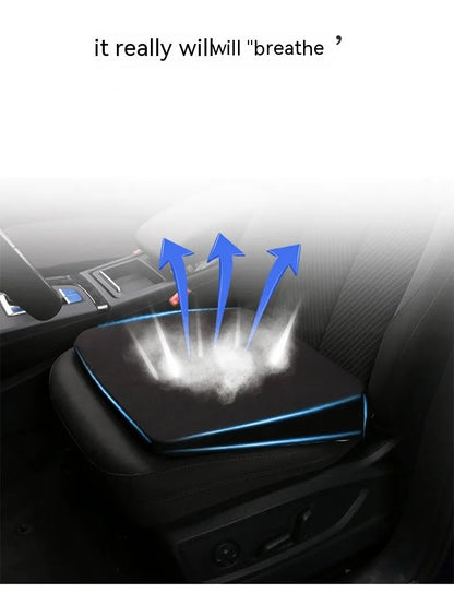 Black car seat cushion with thick butt support measuring approximately 42 x 39 x 6 cm