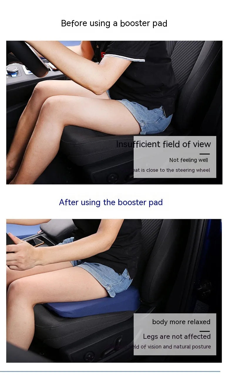 Black car seat cushion with thick butt support measuring approximately 42 x 39 x 6 cm