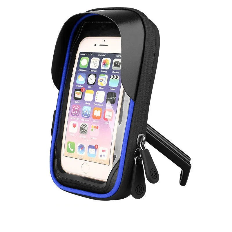 Black TPU mobile phone mount attached to a bicycle handlebar, showing phone inside with touch-through screen.