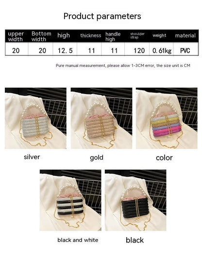 Women's one-shoulder crossbody bag with pearl beading, round shape, and internal zipper pocket in black colour