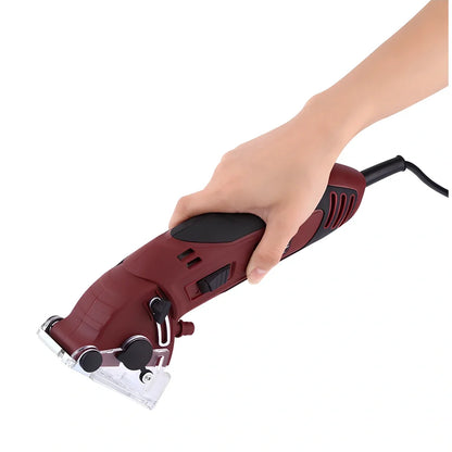 ROTORAZER SAW handheld cutting tool with parallel rail accessory showing blade and adjustment mechanisms