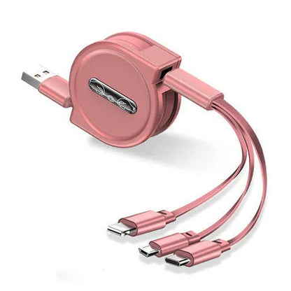 Black telescopic 3-in-1 charging cable with titanium alloy connectors extended on a white background.