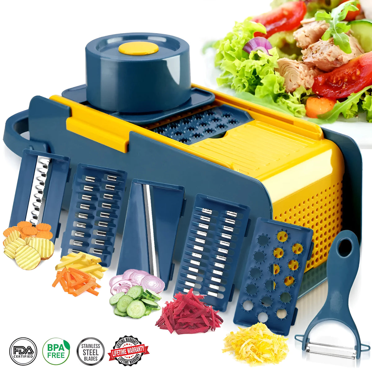Hand-push kitchen grater with four stainless steel blades and milling attachment on white background