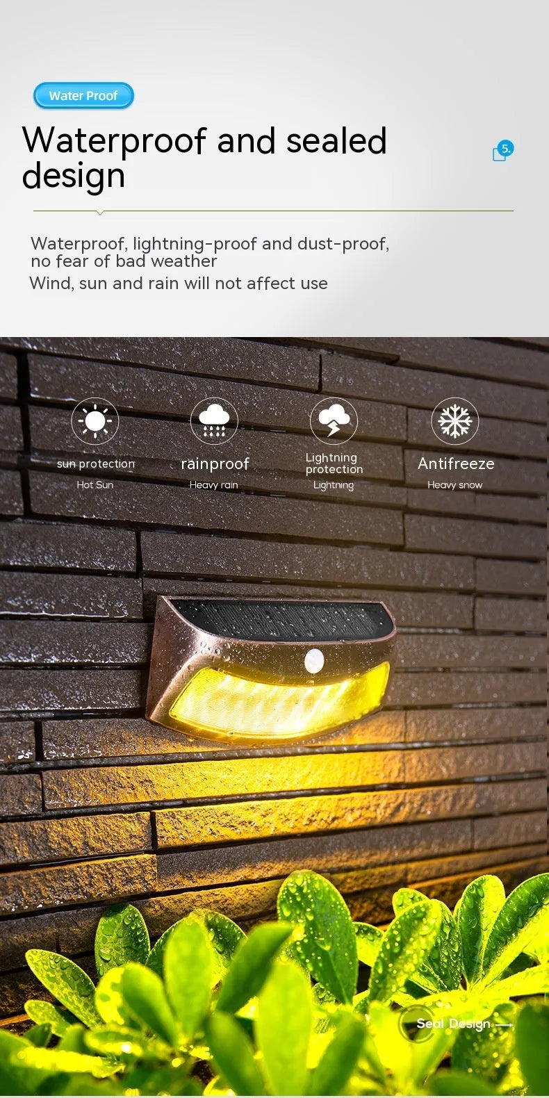 Solar outdoor wall lamp with smiling face design, dimensions 153mm by 76mm by 38mm